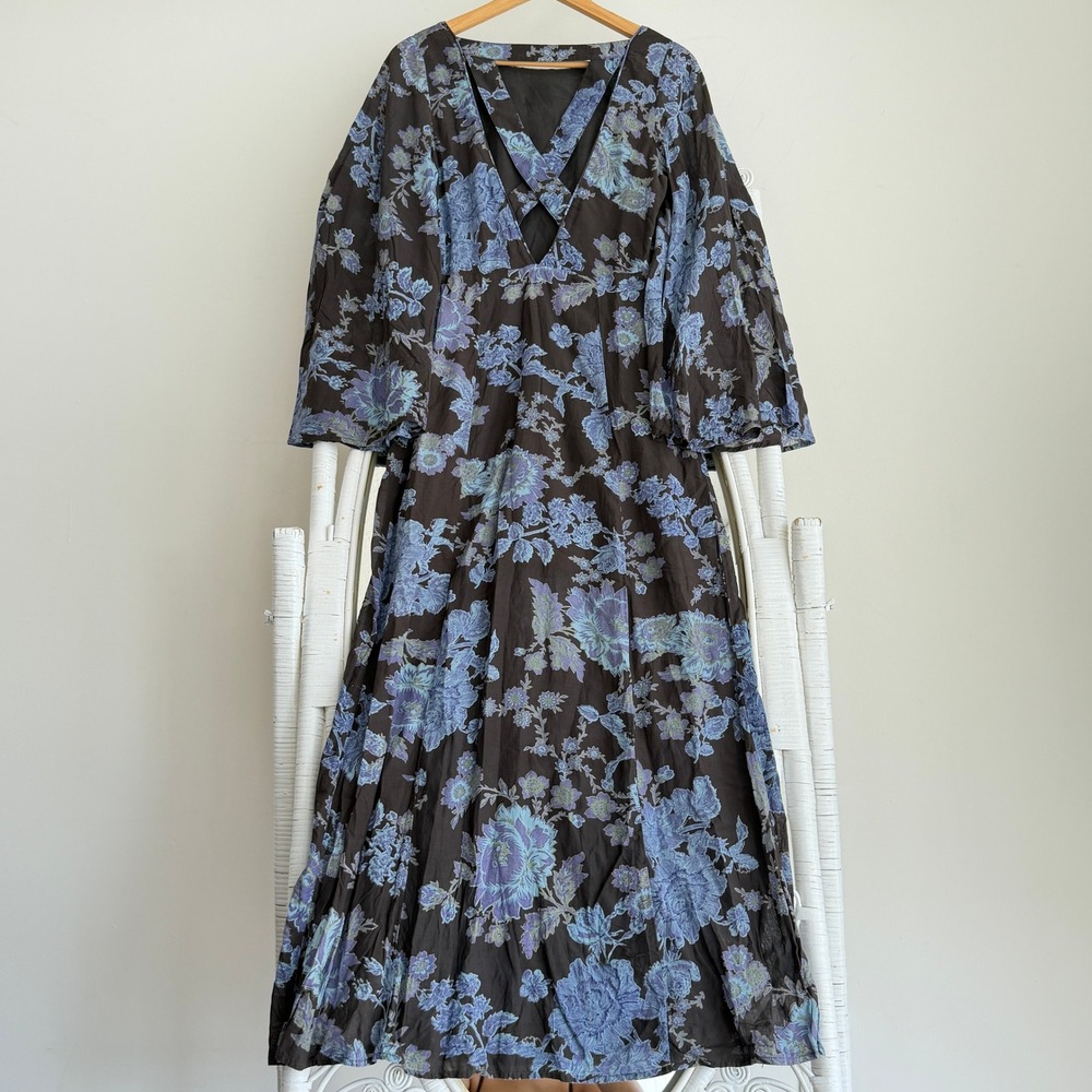 Free People Dress Small Blue Floral Maxi Bell Sleeve Melrose Whimsigoth Boho